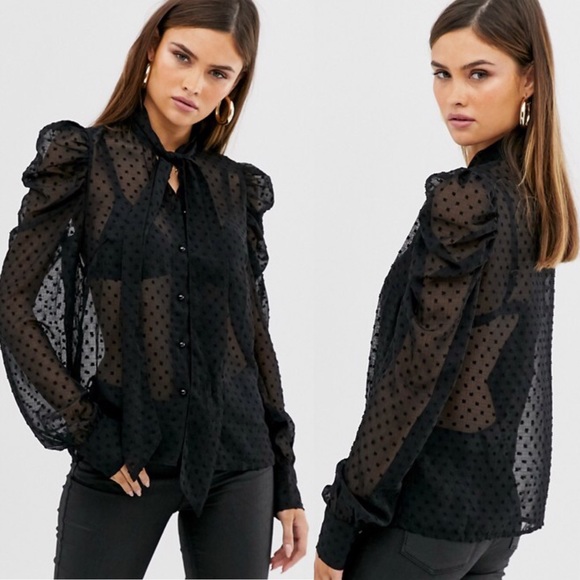 🎄🆕 Y.A.S Pussy Bow Polka Dot Sheer Black Blouse